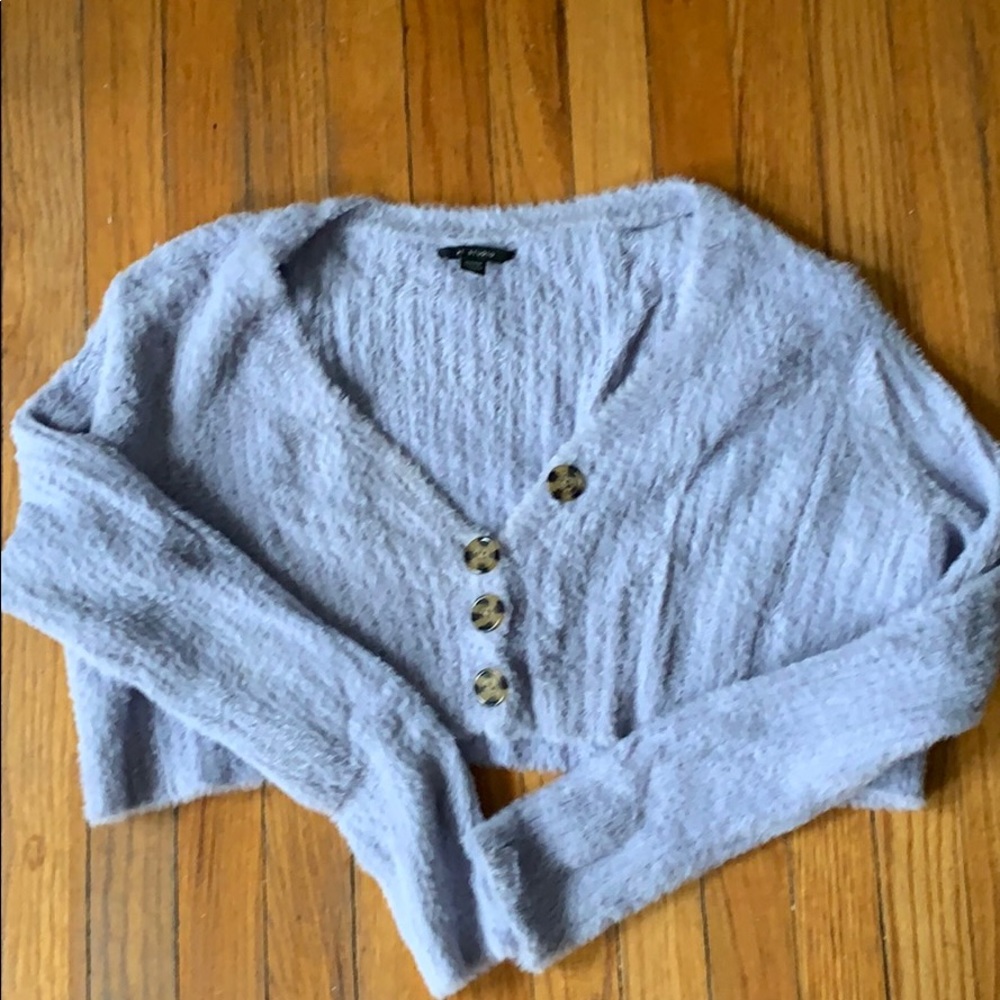 purple furry cropped cardigan